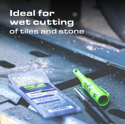Tool set for wet cutting of tiles with Pica marker and blades on a wet surface