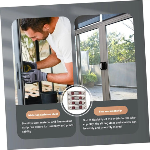 Heavy Duty Stainless Steel Sliding Window Sash Pulleys 4 Pack Double Roller Wheels for slick track repair in use during window installation.