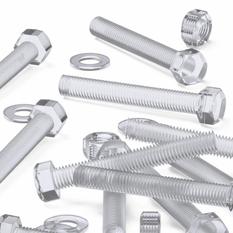 Kickass Clear Acrylic Hex Bolt Fastener Kit Paired With Nuts And Washers M8 X 60mm Knockout Transparent Hardware Pack showcasing clear acrylic bolts and nuts.
