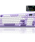 Slick Wireless Mechanical Gaming Keyboard With Smart Lcd Screen And Tuned Multi Knob showing a purple and white tight 96 key arrangement.