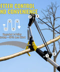 14.5Ft Pole Saw And Pruner 2-In-1 Extendable Long Handle Tree Trimmer with saw blade cutting high branch, showing pulley system