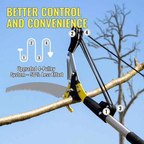 14.5Ft Pole Saw And Pruner 2-In-1 Extendable Long Handle Tree Trimmer with saw blade cutting high branch, showing pulley system