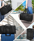 Mid-Size Weekender Travel Duffle Bag, 24x12x12 Inch, 53L Capacity, Water Resistant Black Duffel For Overnight Trips shown in various settings