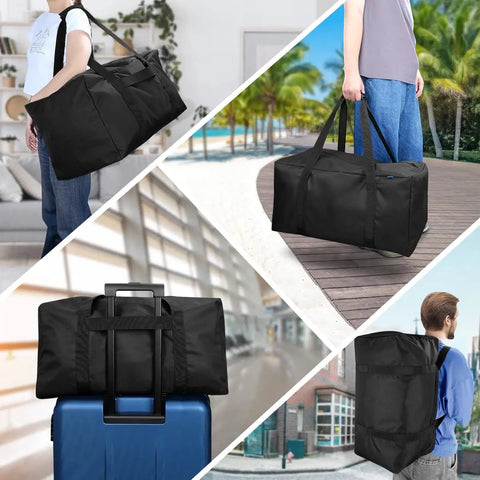 Mid-Size Weekender Travel Duffle Bag, 24x12x12 Inch, 53L Capacity, Water Resistant Black Duffel For Overnight Trips shown in various settings