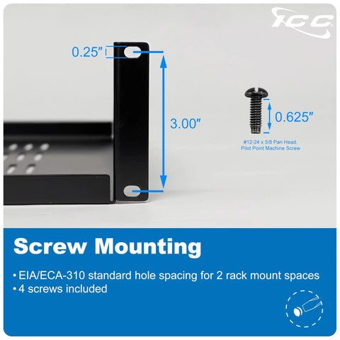 Top Shelf 2U Cantilever Rack Shelf Pair For 19 Inch Server Racks Built Different With Ventilating Steel Tray Holds Up To 50 Pounds Badass Equipment Mounting In True Black showing screw mounting details.