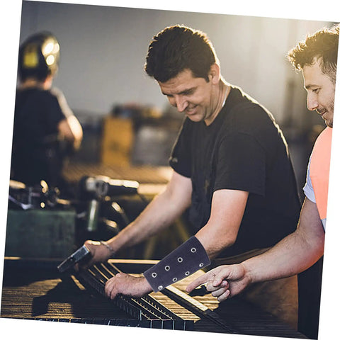 Men wearing Built Tough Cut Resistant Wrist Sleeves for Mechanics and Yard Crews, working on automotive tasks in a workshop.