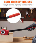 Ratcheting Pipe Threader Kit With Six Dies One Quarter Inch NPT To One And A Quarter Inch NPT Portable Pipe Threading Tool Set With Storage Case For Plumbing Installation And Repair shown in use with a red handle.