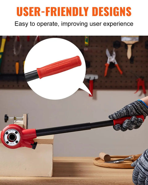 Ratcheting Pipe Threader Kit With Six Dies One Quarter Inch NPT To One And A Quarter Inch NPT Portable Pipe Threading Tool Set With Storage Case For Plumbing Installation And Repair shown in use with a red handle.