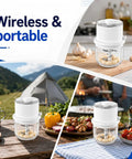Mini Electric Garlic chopper with 350ml Thick Glass Bowl and Upgraded 6 Stainless Steel Blades on a picnic table outdoors.
