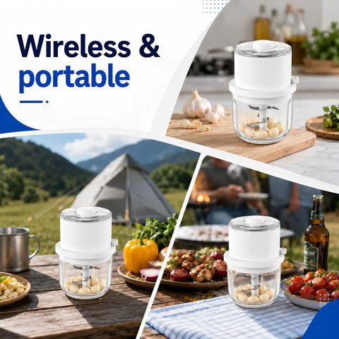 Mini Electric Garlic chopper with 350ml Thick Glass Bowl and Upgraded 6 Stainless Steel Blades on a picnic table outdoors.