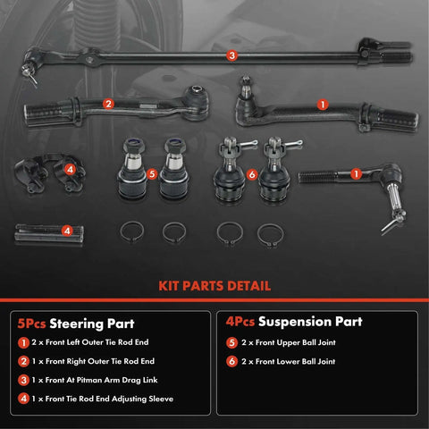 Beefed Up 9 Piece Front Suspension Kit With Upper And Lower Ball Joints And Drag Link For Ford F 250 Super Duty And F 350 Super Duty 2005 To 2010 4WD Only Includes Front Left And Right Components, forged steel parts layout