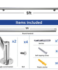 Heavy Duty Stainless Steel Pipe Handrail Five Foot Long Two Inch Outside Diameter components list with installation tools and brackets.