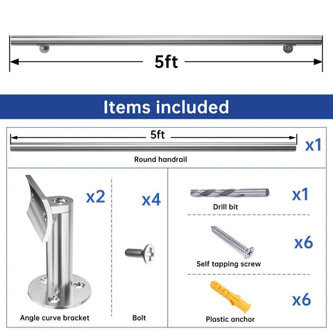 Heavy Duty Stainless Steel Pipe Handrail Five Foot Long Two Inch Outside Diameter components list with installation tools and brackets.