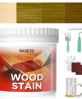 Ditch The Primer Routine And Grab This Water Based Wood Stain Plus Wood Sealer Fast Drying Low Odor Non Toxic Blend Leaves A Smooth Rich Teak Finish You Will Seriously Love For Every Project, container with brush, roller, gloves, and sandpaper