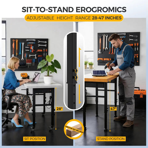 Adjustable 28-47 Inch Workbench Legs With Power Strip And Built Tough Heavy-Duty Metal Table Frame used in office setup