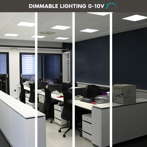 Office with 2x2 Ft LED Flat Panel Lights Slick 4400 Lumens 40W 3 Color Temperature Switchable recessed in drop ceiling
