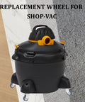 Shop-Vac style black wet/dry vacuum with four gray caster wheels and yellow top latch