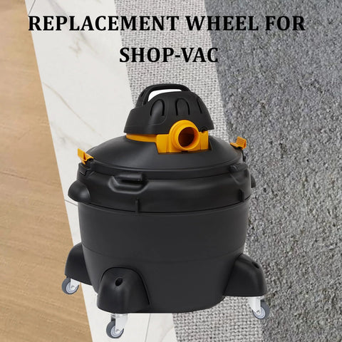 Shop-Vac style black wet/dry vacuum with four gray caster wheels and yellow top latch