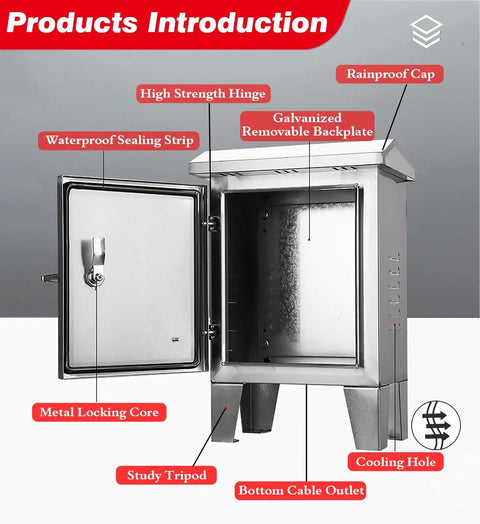 Floor Standing Electrical Box Enclosure For Outdoor All Weather Safety Junction Box, Waterproof Dustproof Cable Power Case With Hinges And Sealing Strip, 304 Stainless Steel, 32 x 24 x 12 Inches, Wall Or Floor Mount, open door view