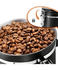 Solid Vacuum Sealed Coffee Canister With Date Dial Crafted From Heavy Duty 304 Stainless Steel Moisture Proof Jar filled with coffee beans.