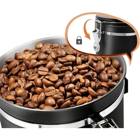 Solid Vacuum Sealed Coffee Canister With Date Dial Crafted From Heavy Duty 304 Stainless Steel Moisture Proof Jar filled with coffee beans.
