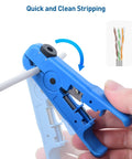 Close-up of a hand using Two Pack Tough As Nails Wire Strippers for Thick Wires, showing adjustable blade on a blue handle.