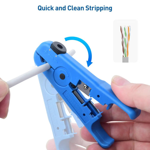 Close-up of a hand using Two Pack Tough As Nails Wire Strippers for Thick Wires, showing adjustable blade on a blue handle.