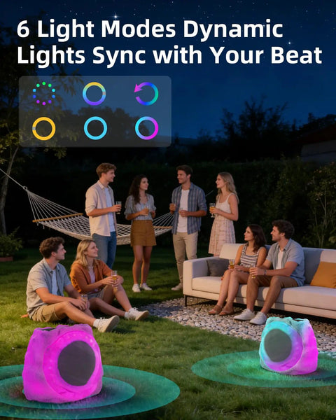 Rock Style Outdoor Bluetooth Speakers With Lights For Patio And Pool, colorful light modes in a backyard party setting