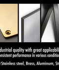 Close-up of metal sheet corners in stainless steel, brass, and aluminum showcasing industrial quality and applicability.