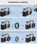 Installation steps for 2in1 Pro Grade Metal Lens Hood With UV Filter For Fujifilm X100V X100VI Cameras with durable black finish