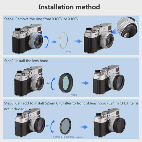 Installation steps for 2in1 Pro Grade Metal Lens Hood With UV Filter For Fujifilm X100V X100VI Cameras with durable black finish