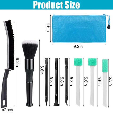 Go To Car Interior Detailing Kit Pro Grade 10 Piece Set With Soft Interior Brush Black Crevice Brush Green Crevice Brushes And Precision Scrapers For Hard To Reach Cavities And Dashboards, 10 tools with 9.2in pouch