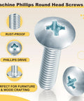 Top Shelf Steel Phillips Head Machine Screws No 10-24 By Half Inch 100 Pack Heavy Duty Furniture Bolts For Snappy Diy Fixes, showing rust-proof round head.