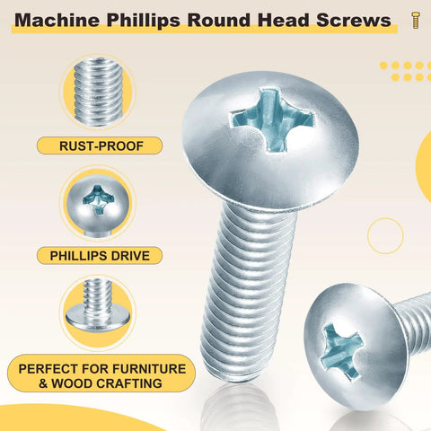 Top Shelf Steel Phillips Head Machine Screws No 10-24 By Half Inch 100 Pack Heavy Duty Furniture Bolts For Snappy Diy Fixes, showing rust-proof round head.