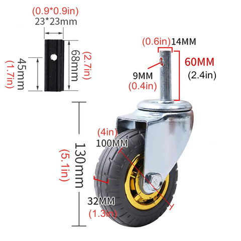 Heavy Duty Swivel Caster Wheels Set of 4 100mm Rubber Castors for Furniture Trolley & Moving Equipment M14x60mm Stem with Brake (125mm/5in) showing size and measurements.