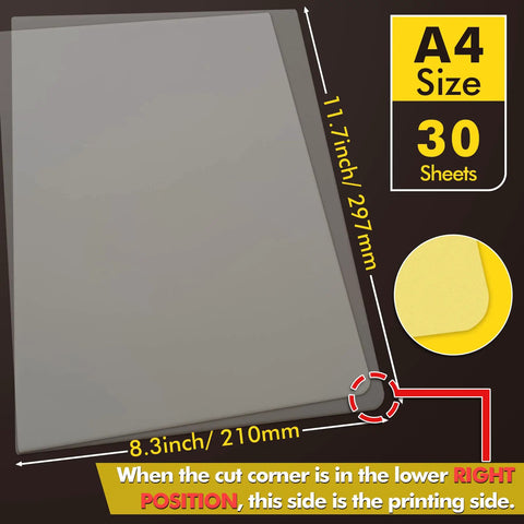 DTF Transfer Film Set With 30 A4 Sheets Double Sided Matte Direct To Film Paper dimensions and corner cut guide