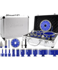 Premium Diamond Tile Hole Saw Kit With 15 Pieces Including Multi-Size Core Bits For Drilling Ceramic, Glass And Porcelain Tiles With Professional Cutting Discs And Adapters Included. 15-piece blue diamond hole saw set in case with assorted core bits and discs