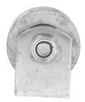 Cast iron V-type groove garage door roller wheel, front view with mounting bolt, silver metal