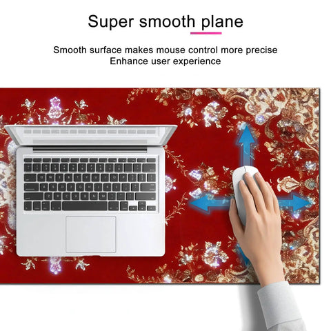 Massive 31.5 By 11.8 Inch Gaming Mouse Pad With Luxury Red Ornamental Pattern shown with laptop and hand using mouse
