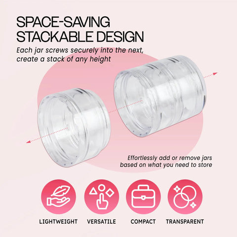 Stackable Clear Cosmetic Jars With Screw Caps Bulk Pack For Craft Supplies Buttons Beads Coins showcasing two jars with a space-saving design.