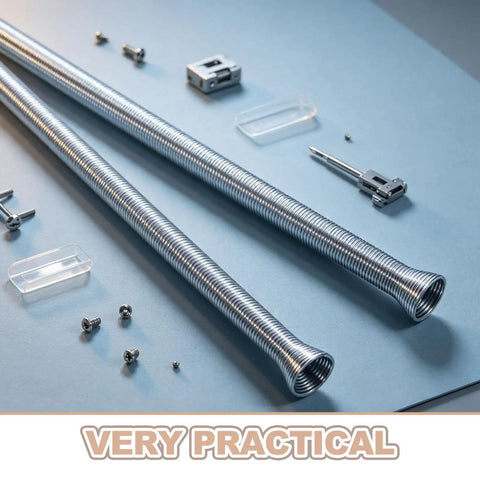 Four Piece Spring Coil Pipe Bender Set For Brass And Copper Tubing Features Quarter Inch And Five Sixteenths Size Tools With Flex Rollers showing two coiled pipes and accessories.