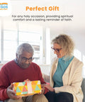 Elderly man receiving a colorful wrapped gift from a woman, captioned 'Perfect Gift' in a light-filled room.