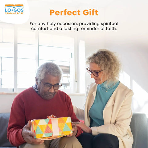 Elderly man receiving a colorful wrapped gift from a woman, captioned 'Perfect Gift' in a light-filled room.
