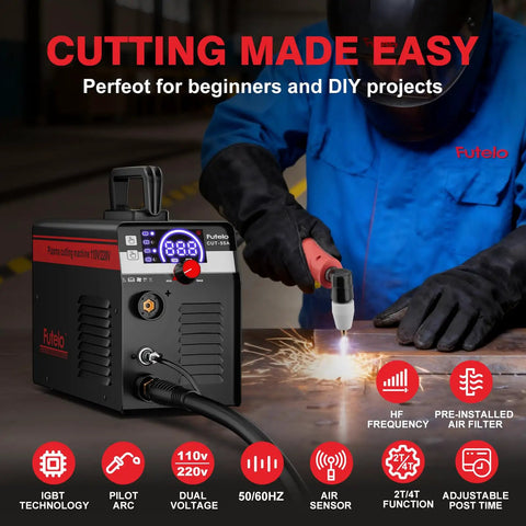 Dual Voltage Plasma Cutter 55A with Large LED Display in action, cutting metal with sparks in a workshop.