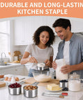 Couple using Stainless Steel Measuring Cups And Spoons Set With Nesting Square Design For Kitchen Includes 7 Cups And 7 Spoons Plus 5 Mini Spoons And 1 Leveler Durable 18 Zero Stainless Steel Gadgets For Cooking And Baking in a kitchen setting.