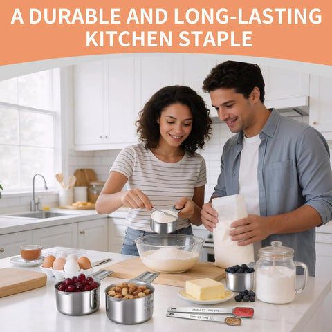 Couple using Stainless Steel Measuring Cups And Spoons Set With Nesting Square Design For Kitchen Includes 7 Cups And 7 Spoons Plus 5 Mini Spoons And 1 Leveler Durable 18 Zero Stainless Steel Gadgets For Cooking And Baking in a kitchen setting.
