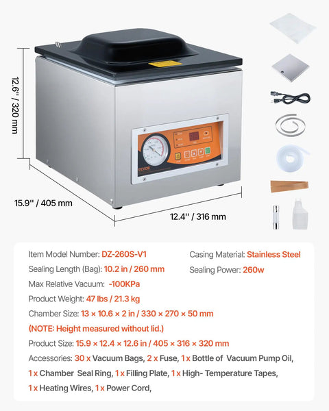 Heavy Duty Chamber Vacuum Sealer Boasts A Snappy 260 Watt Motor Generating Serious Suction to handle wet grub meats and sauces.