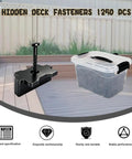 1250 Pcs Heavy Duty Hidden Deck Fasteners With Corrosion Resistant Star Head Screws And Universal Nylon Composite Deck Clips For Quick Hassle Free Install Covers 600 Sq Ft displayed on wooden deck with storage container.