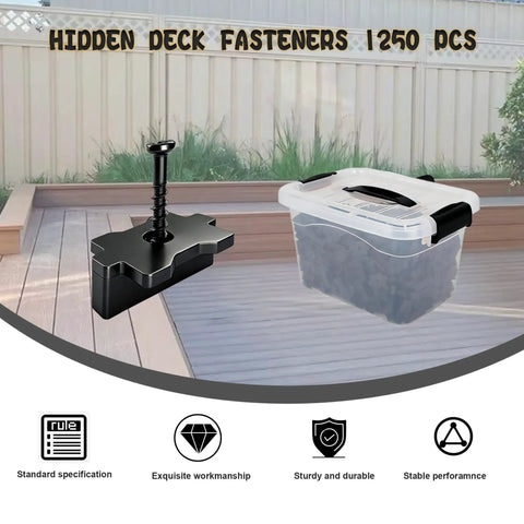 1250 Pcs Heavy Duty Hidden Deck Fasteners With Corrosion Resistant Star Head Screws And Universal Nylon Composite Deck Clips For Quick Hassle Free Install Covers 600 Sq Ft displayed on wooden deck with storage container.