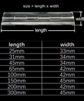 Ten Pcs Lengthened Clear Plexiglass Piano Hinge dimensions chart showing various sizes in length and width for display cabinets